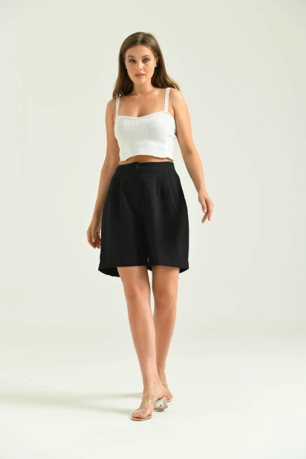 Kadın Siyah Uzun Basic Kumaş Şort