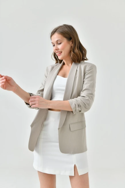 Womens Stone Striped Sleeve Pleated Boyfriend Jacket