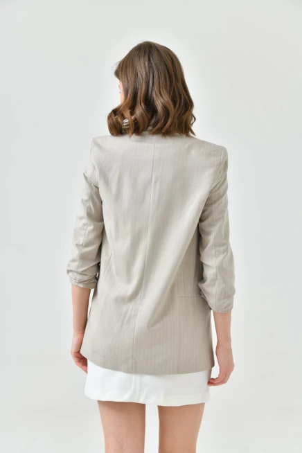 Womens Stone Striped Sleeve Pleated Boyfriend Jacket