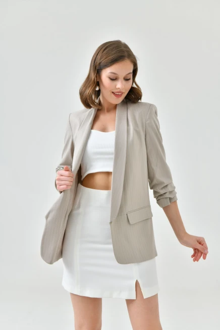 Womens Stone Striped Sleeve Pleated Boyfriend Jacket