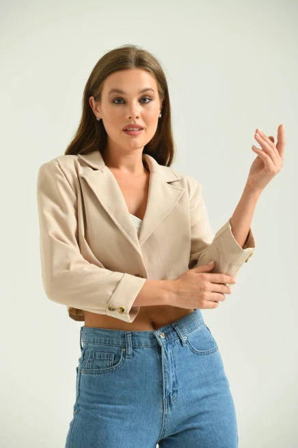 Kadın Taş Tek Düğme Crop Ceket