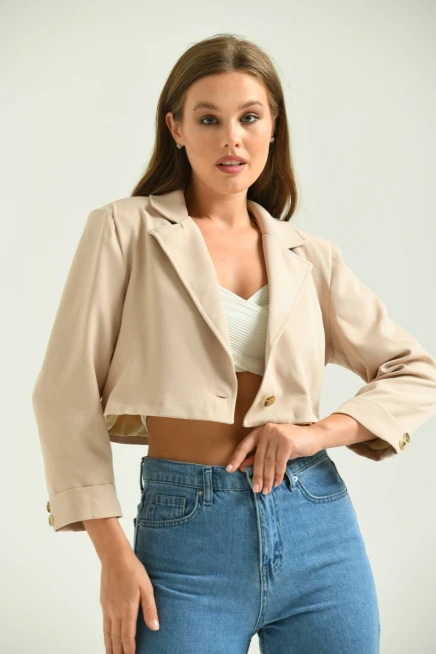 Kadın Taş Tek Düğme Crop Ceket