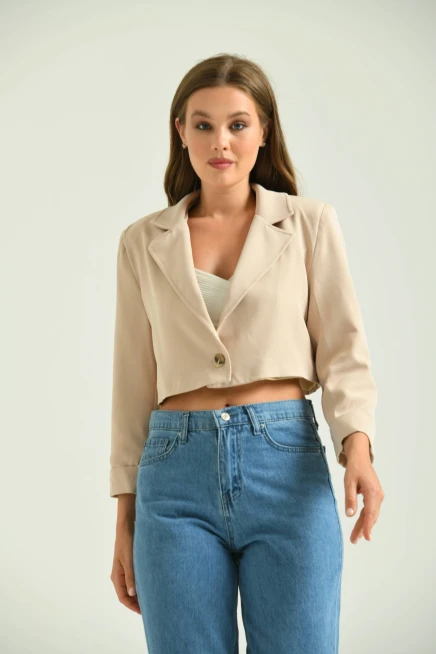 Kadın Taş Tek Düğme Crop Ceket