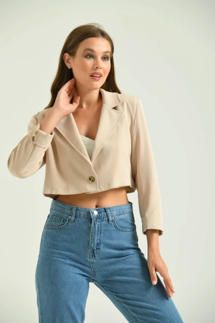 Kadın Taş Tek Düğme Crop Ceket