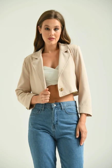 Kadın Taş Tek Düğme Crop Ceket