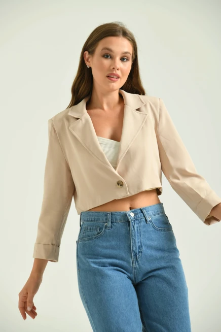 Kadın Taş Tek Düğme Crop Ceket