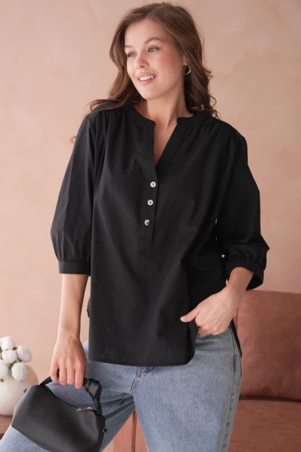 V Yaka Düğme Detaylı Dokuma Bluz