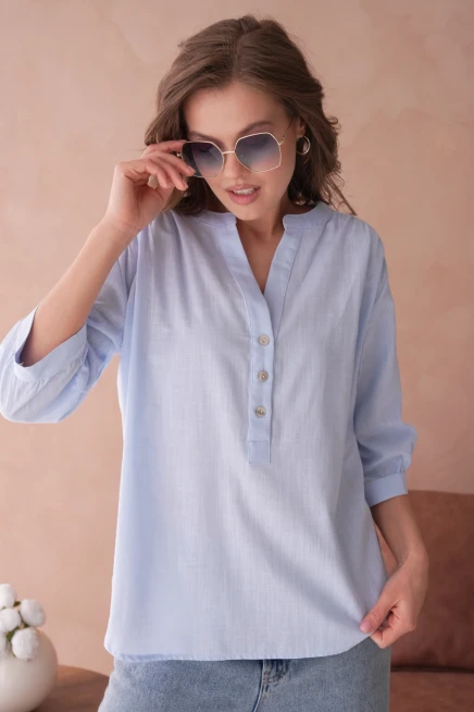 V Yaka Düğme Detaylı Dokuma Bluz