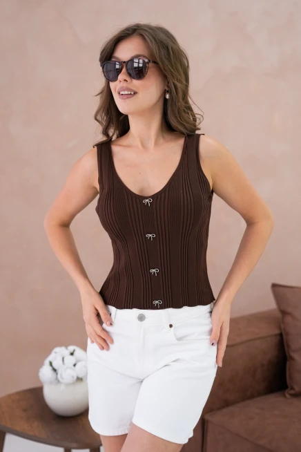 Kolsuz Taş Aksesuar Detaylı Slim Fit Triko Bluz