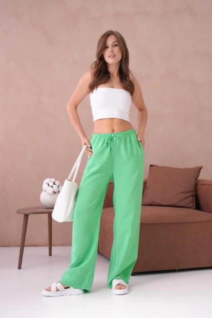 Yüksek Bel Lastikli Bol Paça Palazzo Dokuma Pantolon