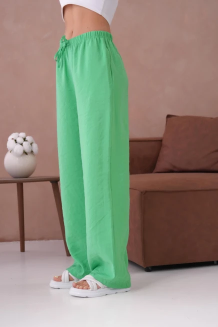 Yüksek Bel Lastikli Bol Paça Palazzo Dokuma Pantolon