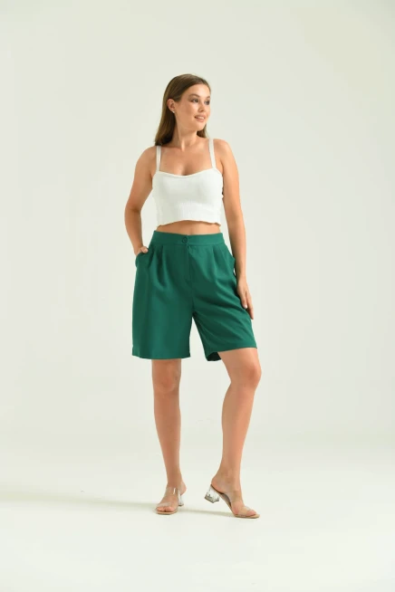 Kadın Zümrüt Uzun Basic Kumaş Şort