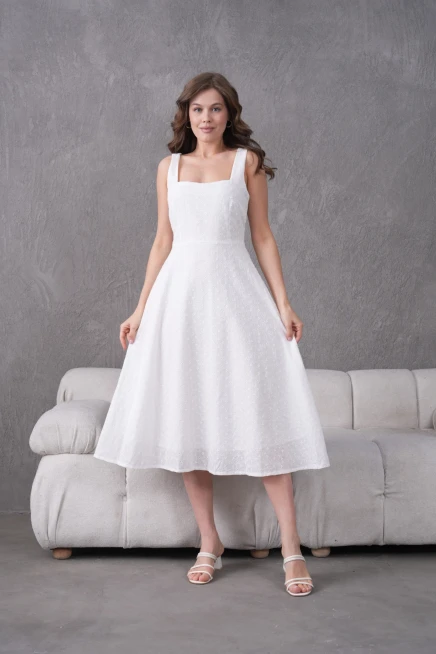 Kare Yaka Kolsuz Astarlı Brode Elbise