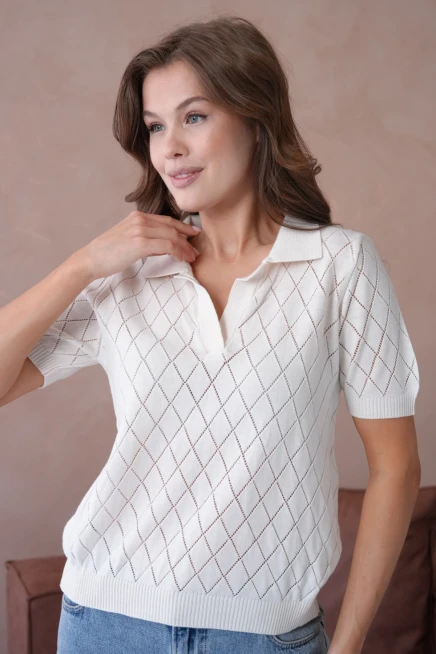 Polo Yaka Ajurlu Kısa Kol Polo Triko Kazak