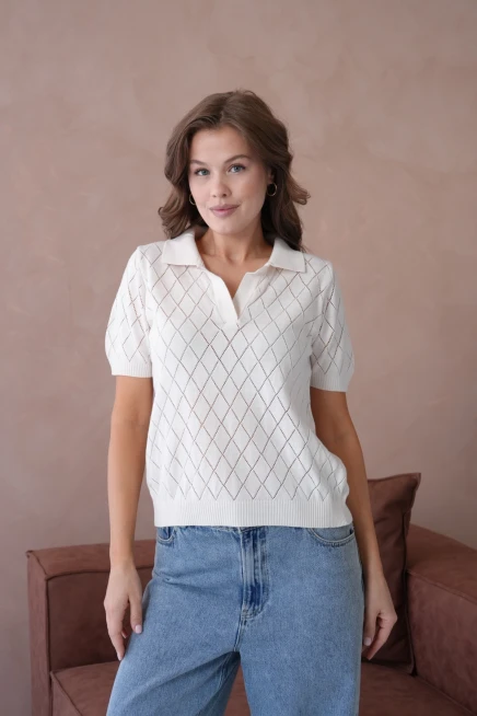 Polo Yaka Ajurlu Kısa Kol Polo Triko Kazak