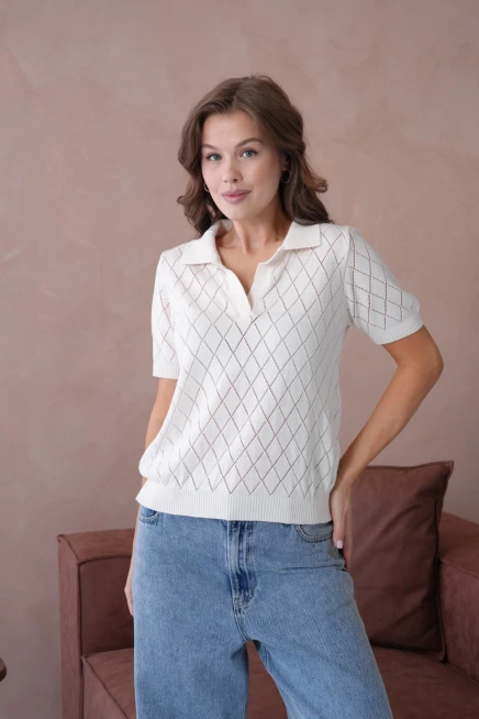 Polo Yaka Ajurlu Kısa Kol Polo Triko Kazak