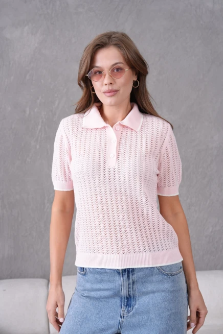 Polo Yaka Ajurlu Kısa Kol Triko Kazak