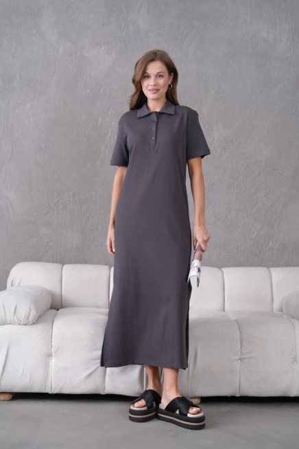 Polo Yaka Kısa Kol Yırtmaçlı Salaş Penye Elbise