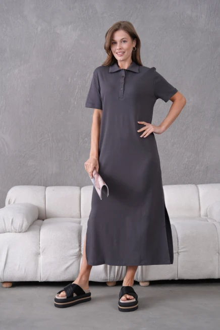 Polo Yaka Kısa Kol Yırtmaçlı Salaş Penye Elbise