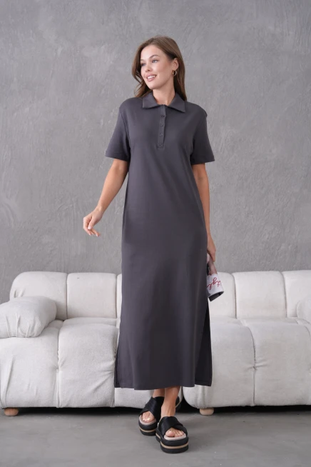 Polo Yaka Kısa Kol Yırtmaçlı Salaş Penye Elbise