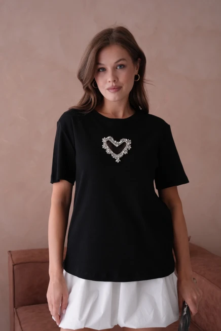 Taş Aksesuar Detaylı Kısa Kol Basic T-Shirt