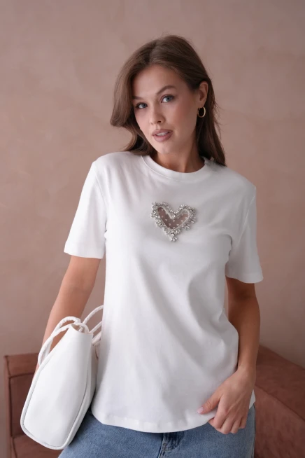 Taş Aksesuar Detaylı Kısa Kol Basic T-Shirt