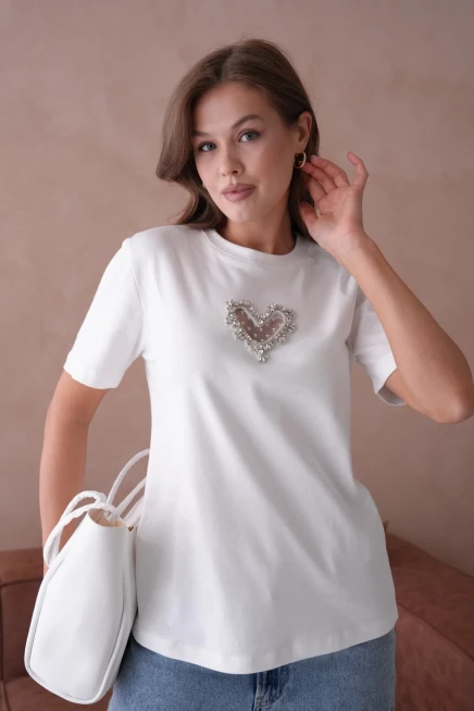 Taş Aksesuar Detaylı Kısa Kol Basic T-Shirt