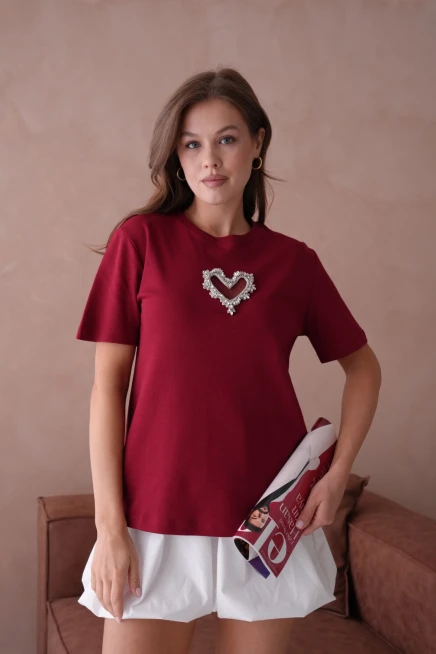 Taş Aksesuar Detaylı Kısa Kol Basic T-Shirt