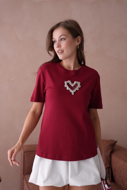 Taş Aksesuar Detaylı Kısa Kol Basic T-Shirt