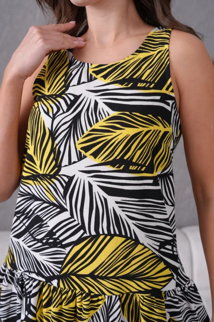 Yaprak Desenli Volanlı Kolsuz Dokuma Elbise