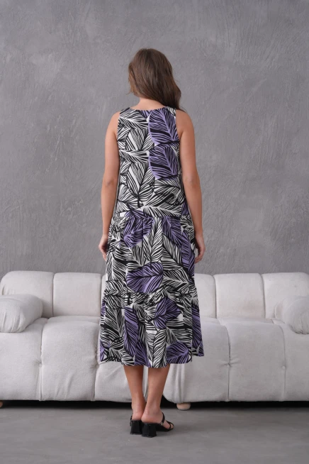 Yaprak Desenli Volanlı Kolsuz Dokuma Elbise