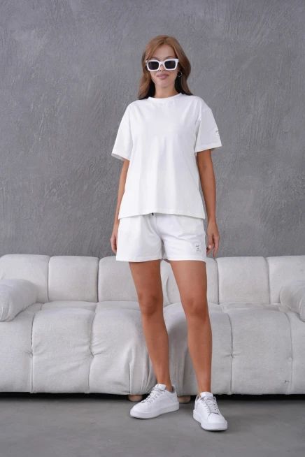 Bisiklet Yaka Kısa Kol Üst Bel Bağcıklı Lastikli Şort Basic Örme İkili Takım