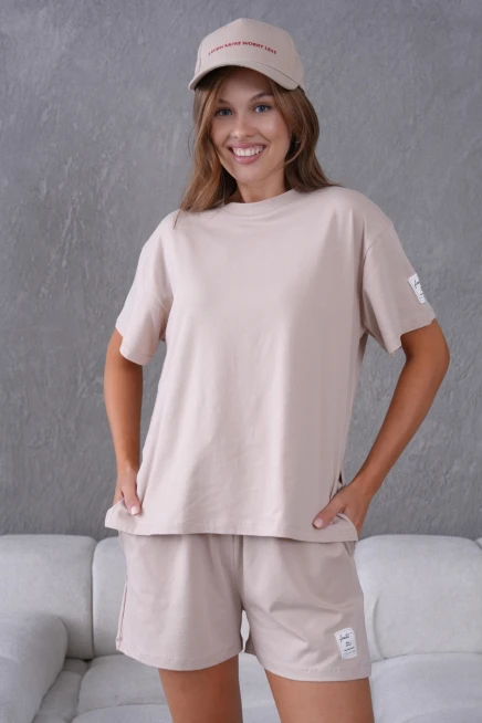 Bisiklet Yaka Kısa Kol Üst Bel Bağcıklı Lastikli Şort Basic Örme İkili Takım