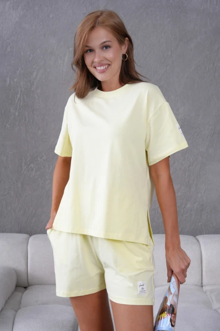 Bisiklet Yaka Kısa Kol Üst Bel Bağcıklı Lastikli Şort Basic Örme İkili Takım