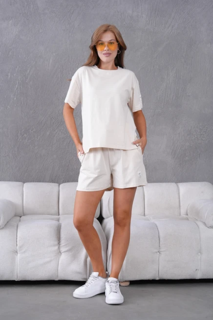 Bisiklet Yaka Kısa Kol Üst Bel Bağcıklı Lastikli Şort Basic Örme İkili Takım