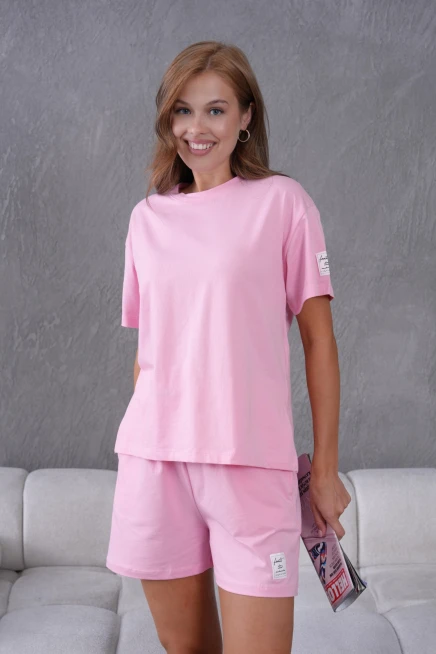 Bisiklet Yaka Kısa Kol Üst Bel Bağcıklı Lastikli Şort Basic Örme İkili Takım