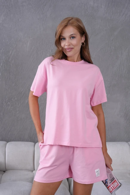 Bisiklet Yaka Kısa Kol Üst Bel Bağcıklı Lastikli Şort Basic Örme İkili Takım