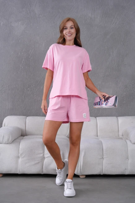 Bisiklet Yaka Kısa Kol Üst Bel Bağcıklı Lastikli Şort Basic Örme İkili Takım