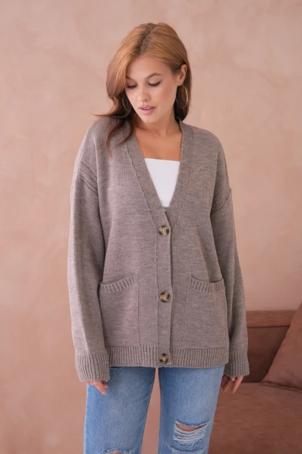 Kadın Açık Yaka Düğme Detay Çizgili Oversize Triko Kazak