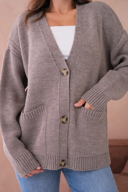 Kadın Açık Yaka Düğme Detay Çizgili Oversize Triko Kazak