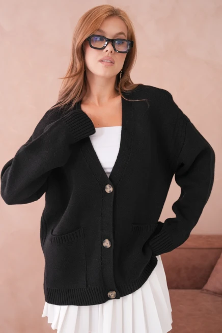 Kadın Açık Yaka Düğme Detay Çizgili Oversize Triko Kazak