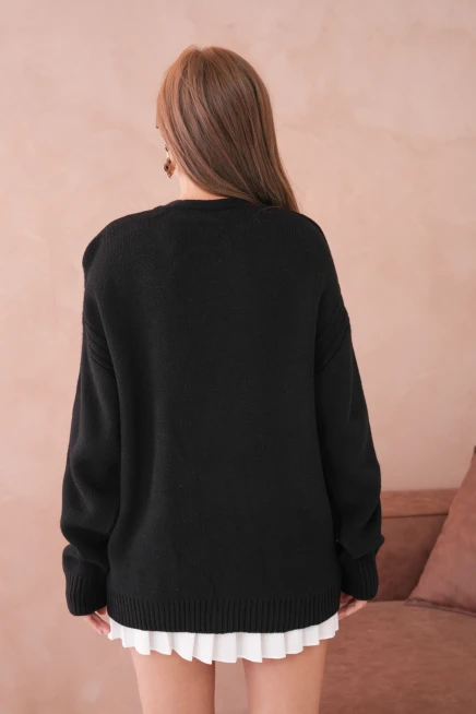 Kadın Açık Yaka Düğme Detay Çizgili Oversize Triko Kazak