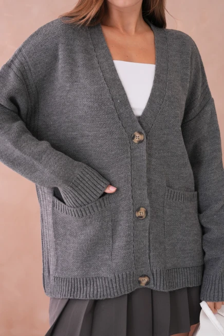 Kadın Açık Yaka Düğme Detay Çizgili Oversize Triko Kazak