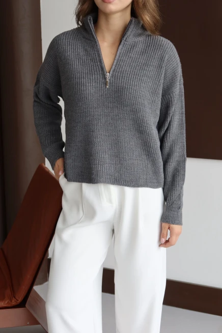 Kadın Antrasit Oversize Fermuarlı Basic Triko Kazak