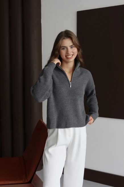 Kadın Antrasit Oversize Fermuarlı Basic Triko Kazak