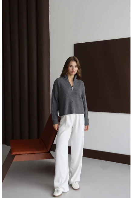 Kadın Antrasit Oversize Fermuarlı Basic Triko Kazak