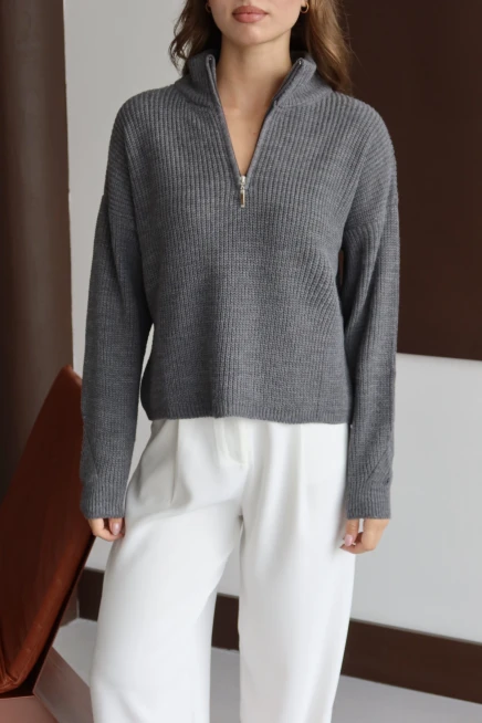 Kadın Antrasit Oversize Fermuarlı Basic Triko Kazak