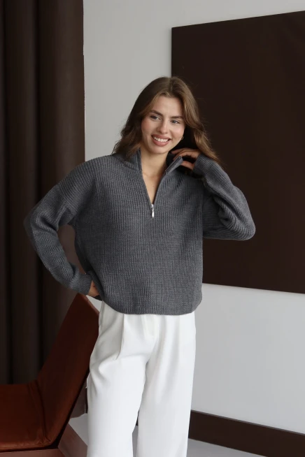 Kadın Antrasit Oversize Fermuarlı Basic Triko Kazak