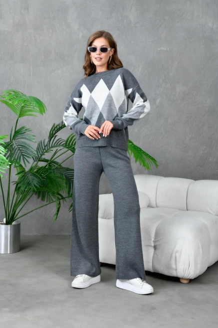 Kadın Antrasit Bisiklet Yaka Baklava Desenli Kazak Pantolon Triko Alt-Üst Takım