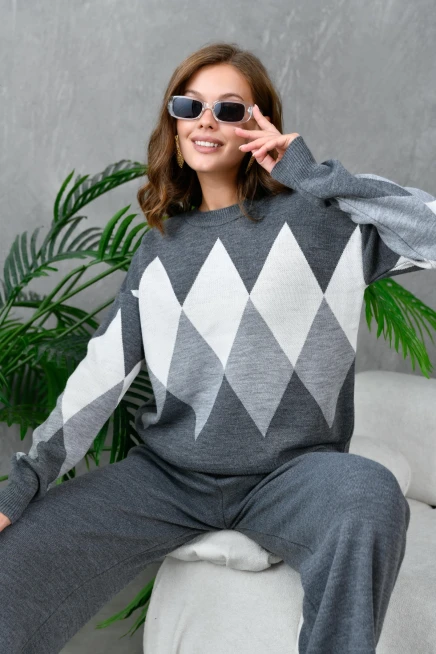 Kadın Antrasit Bisiklet Yaka Baklava Desenli Kazak Pantolon Triko Alt-Üst Takım